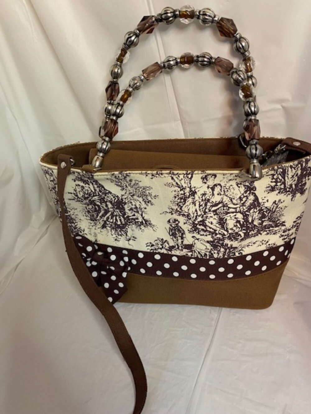 VIVARY--Brown and White Toile Print Tote/Crossbody Bag w/beaded handles